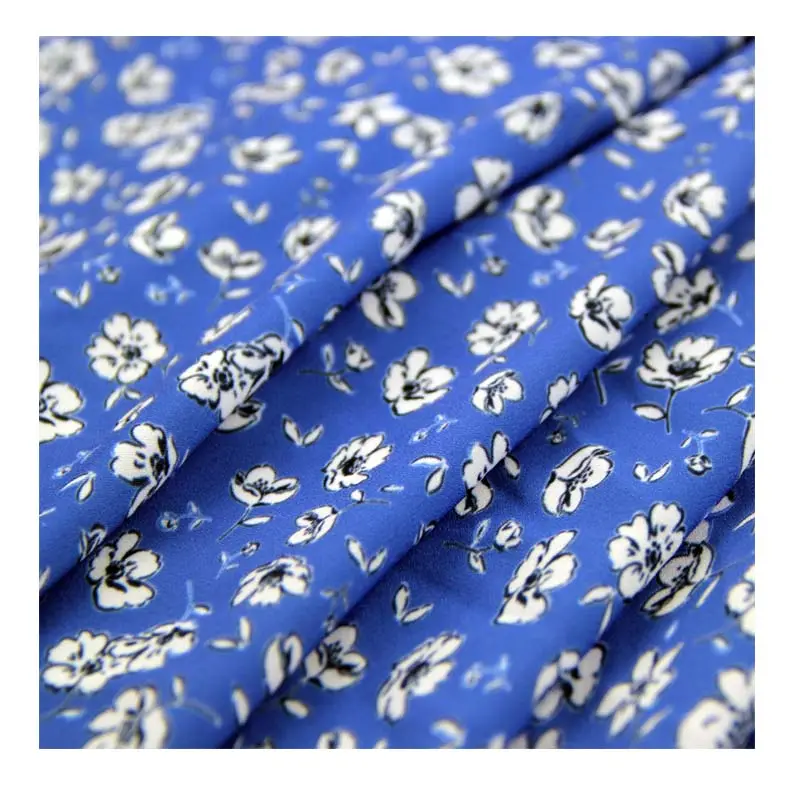 New arrival 75D chiffon printed fabric blue white floral printing fabric for women dress