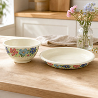 Ensemble de bols et assiettes Senny Midsummer Floral en émail, bol de 13 cm, assiette extra épaisse de 20 cm, bord crème, vente en gros