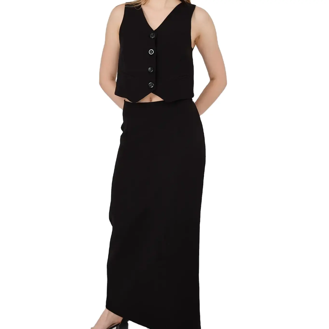 महिलाओं का काला बनियान, लंबी स्कर्ट, बटन-अप और ज़िपर विस्तृत ऊपर-नीचे सूट