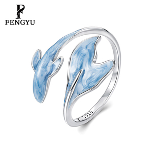Bague fine en émail bleu motif baleine pour femme, en argent sterling 925, ajustable, bijoux fantaisie créateur personnalisés, vente en gros - Product Image 1