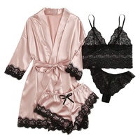 Ensemble de pyjama sexy en satin multi-pièces avec nuisette à col en V, manches trois-quarts et taille élastique en dentelle