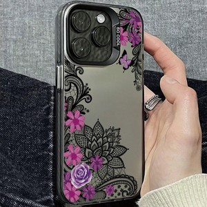 <span class=keywords><strong>Coque</strong></span> de téléphone OEM d'usine pour femmes, motif floral en dentelle, pour <span class=keywords><strong>iPhone</strong></span> 17 16 15 14 13 <span class=keywords><strong>12</strong></span> 11 Pro, noir, violet, mat, laser, métallique, Funda - Product Image 4