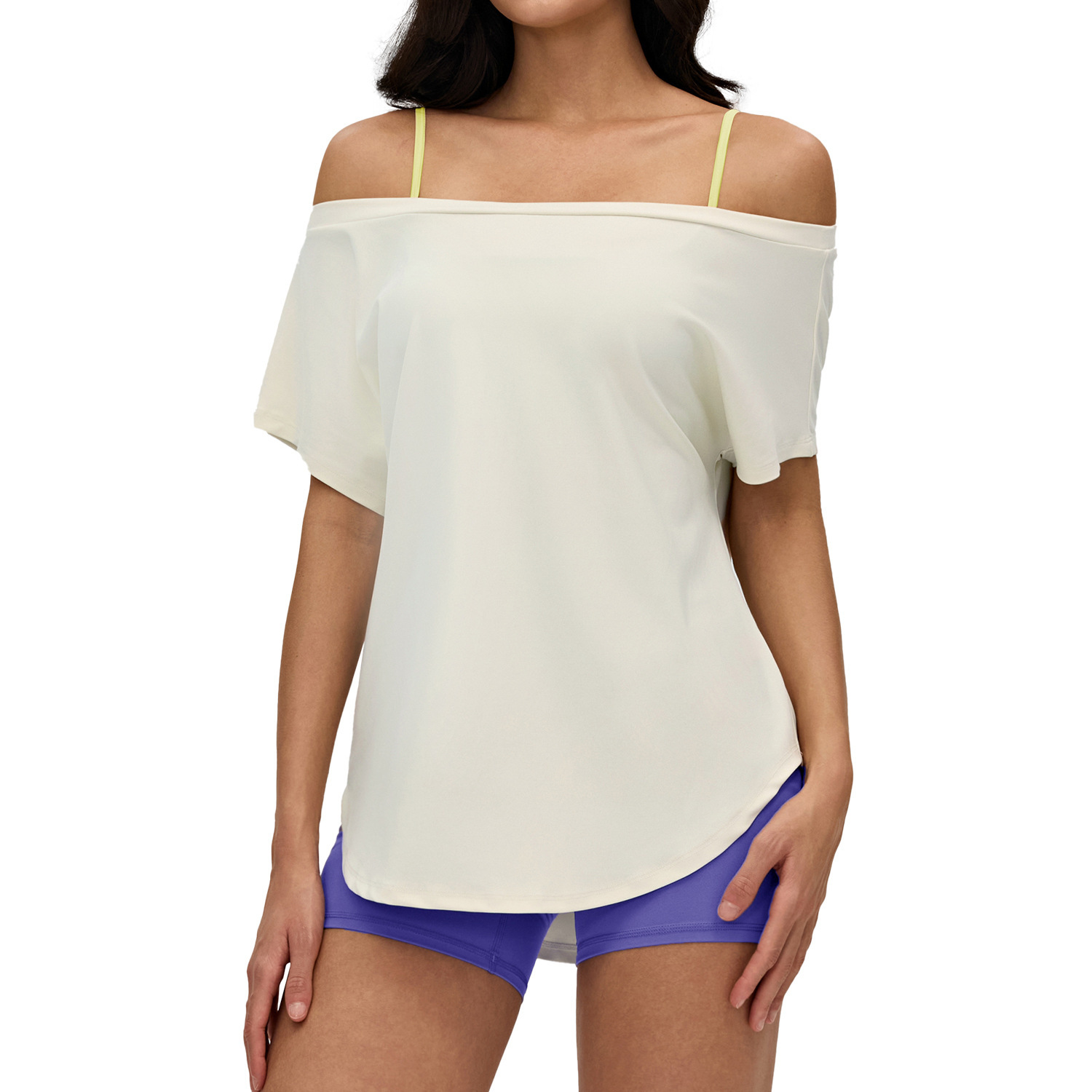 2026 Summer Sports Short-sleeve Spandex/Nylon T-shirt Women Loose Breathable Yoga Top Off-shoulder
