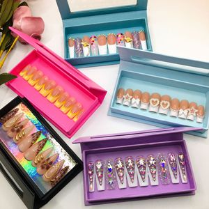 24 Uds flor <span class=keywords><strong>azul</strong></span> mariposa brillante <span class=keywords><strong>Rosa</strong></span> largo cuadrado <span class=keywords><strong>uñas</strong></span> postizas diseño estilo Press-on Stick-on Nails para dedos - Product Image 5