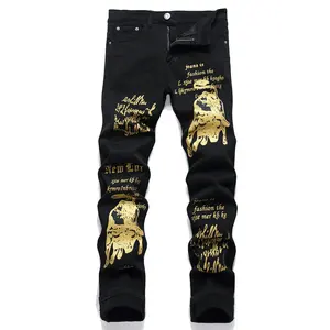 European and American Men's Versatile Black Fashion Slim Fit Stretch Daniel Printed Jeans