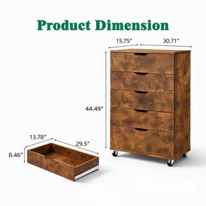 5-<strong>Drawer</strong> Mobile Rolling File Cabinet, Brown Wooden Storage <strong>Drawer</strong> Unit with Wheels for Home Office Organization - Product Image 2