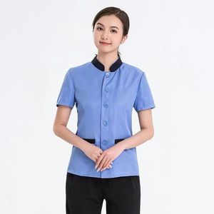 Hotel Cleaning Uniforms Short Sleeve Light Blue Cotton Women's Workwear - Product Image 5
