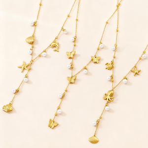 Collar Lariat <span class=keywords><strong>de</strong></span> Acero Inoxidable 316L Dorado con Colgante en Y <span class=keywords><strong>de</strong></span> Perla, Delfín, Estrella <span class=keywords><strong>de</strong></span> Mar y Concha, Joyería para Mujer, Venta al por Mayor, Personalizado OEM - Product Image 3