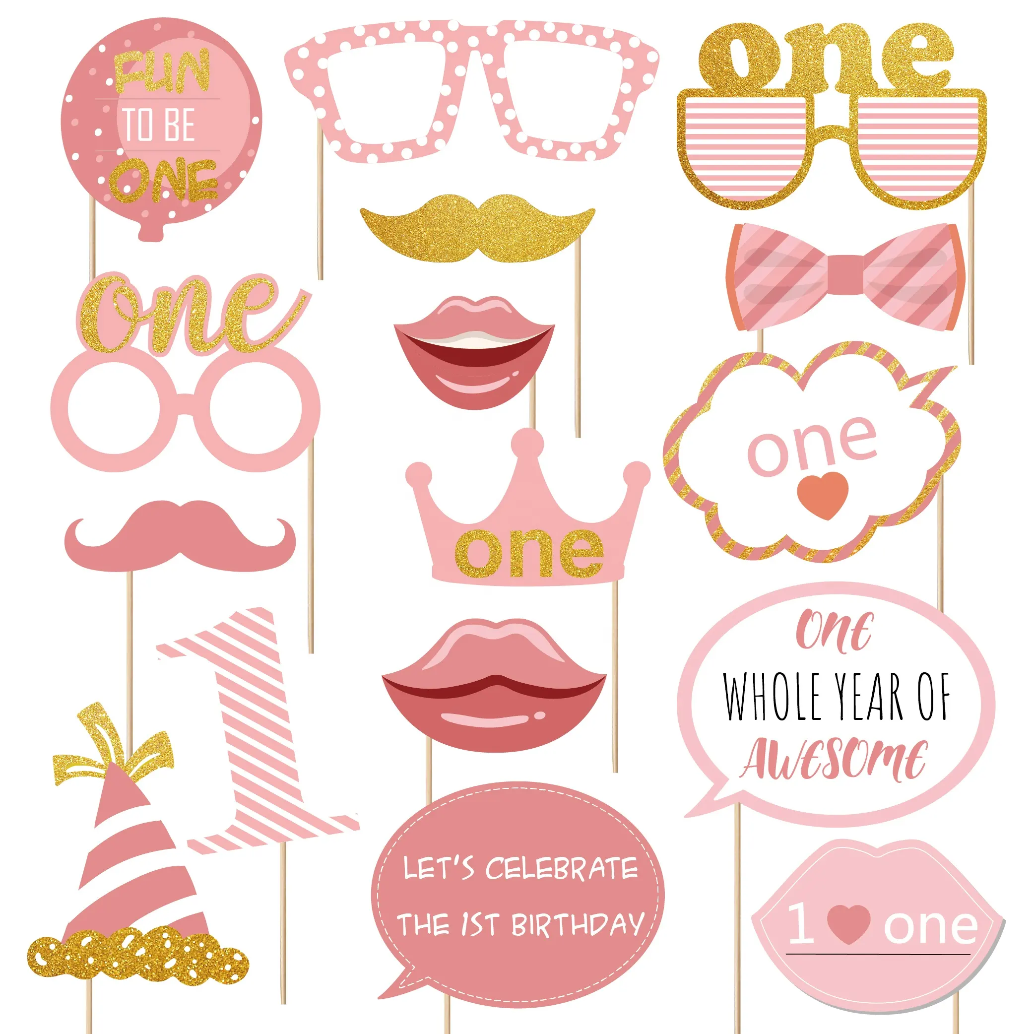 1st Birthday Girl Elegante Rosa e Oro Photo Booth Puntelli Kit Completamente Assemblato Di Compleanno Photo Booth Puntelli Rosa e Oro selfie Segno