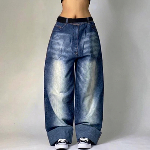 Jean Harem Taille Haute pour Homme, Coupe Ample, en Denim Délavé, Style Hip Hop, Tissu Coton, Idéal pour l'Automne - Product Image 1