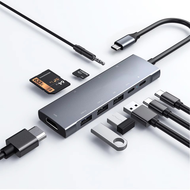 Type-C Docking Station with HDMI, HD Video, PD Charging, Card Reader, and Headphone Jack-multi-function 9-in-1 USB 3.0 Hub.