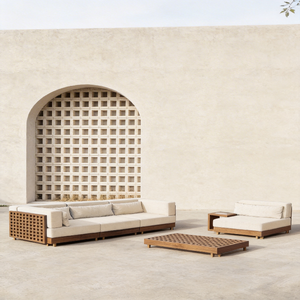 Ensemble de <span class=keywords><strong>salon</strong></span> de <span class=keywords><strong>jardin</strong></span> minimaliste nordique avec lattes en <span class=keywords><strong>bois</strong></span> naturel et tissu résistant aux intempéries et aux UV pour projets haut de gamme - Product Image 5