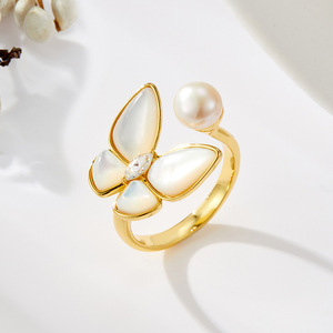 Butterfly Shell Pearl Open <b>Ring</b> <b>Adjustable</b> Fashion Jewelry Gift - Product Image 1