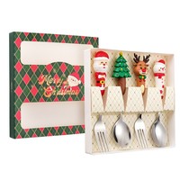 Mignon Père Noël en acier inoxydable arbre de Noël Souvenir cuillère vaisselle ensemble avec fourchette dans une boîte-cadeau pour les décorations de fête