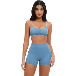 Women Two Piece Workout Set Spaghetti Strap Sports <b>Bra</b> Matching High Waist Shorts Gym Yoga Clothes Seamless <b>Blue</b> - Product Image 2