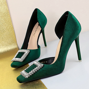 Women Square Diamonds <b>Decor</b> on <b>Shoes</b> High Heels Sandals Dress Office Ladies Suede Side Cut Out Pumps - Product Image 3