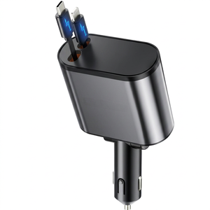 Chargeur rapide pour voiture, station de charge pour téléphone, 4 en 1, affichage numérique LED, 2 câbles rétractables, type C, chargeur de voiture portable - Product Image 1