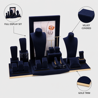 JUNSEN Ensemble de présentoirs à bijoux en velours bleu marine avec finition dorée, pour colliers, bagues, boucles d'oreilles et montres, pour présentation en showroom, vente en gros, OEM