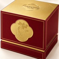 Caixa de Presente Cosmético Rígida de Luxo Personalizada em Vermelho e Dourado com Logo em Relevo e Inserto de EVA Preto