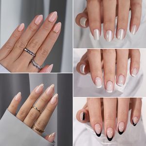 Copertura completa di alta qualità <span class=keywords><strong>unghie</strong></span> finte Gel morbido medio <span class=keywords><strong>mandorla</strong></span> nero punta francese fatto a mano Shinny stampa sulle <span class=keywords><strong>unghie</strong></span> all'ingrosso - Product Image 2