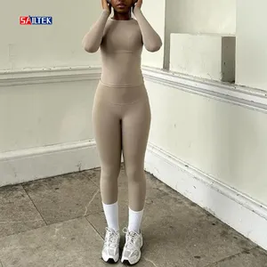 Özel spor tayt seti kadın activewear spor egzersiz kıyafeti yüksek kalite yoga 2 parça uzun kollu üstleri ve legging setleri