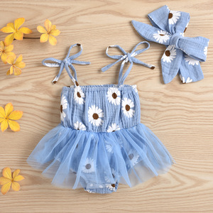 Sommer Neugeborenen Druck Halfter niedlichen Mädchen Mesh Kleid Säugling Sonnenblumen Kleidung Baby Mode Stram pler Hijab - Product Image 2