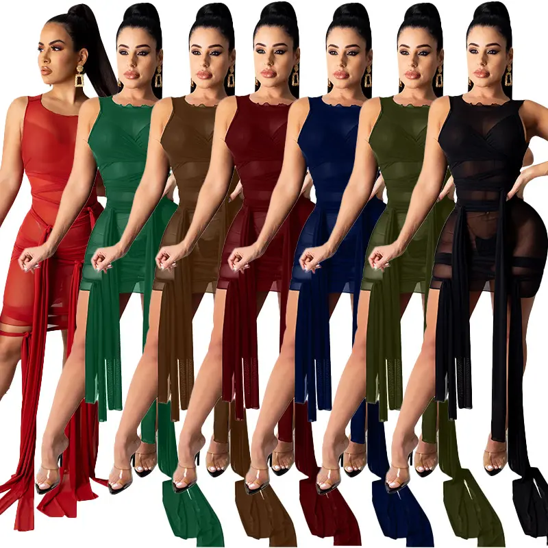 2021 Wholesale Fashion Trendy See Through Bandage Two Tone Satin Black Table Cloth Color Custom Women Mesh Dresses