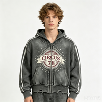 Sweat-shirt à capuche zippé gris délavé effet vieilli, style streetwear, motif CIRCUS 78, pour homme et unisexe, vente en gros