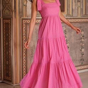 เดรสยาวผู้หญิงลายแจ็คการ์ดแบบผูกโบว์หวานๆ สไตล์ฤดูร้อน  ขายส่งจากโรงงาน ดีไซน์หรูหราพร้อมสายรัดอก - Product Image 1