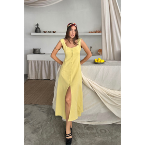 Vestido de lino sin mangas con cuello cuadrado, amarillo S, ajuste informal - Product Image 2