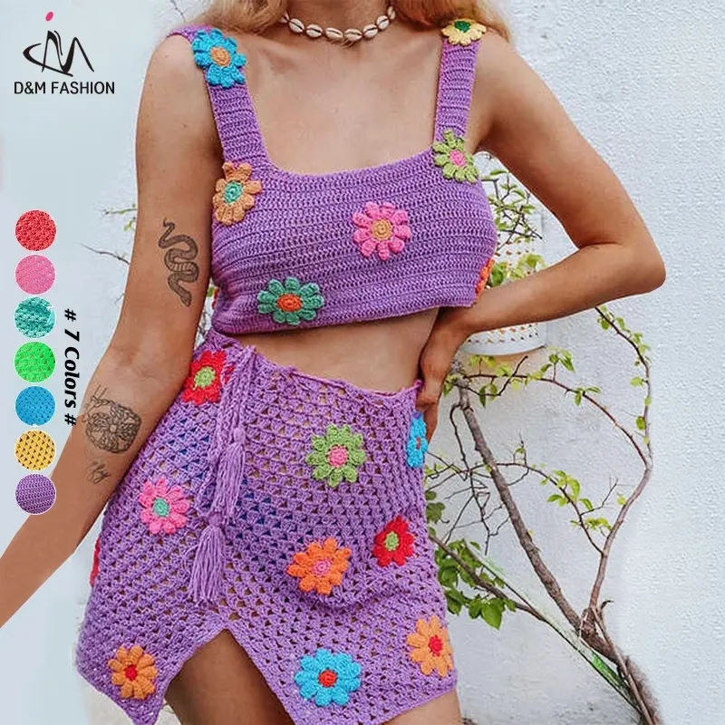 D&M 2022 Summer Fall 2 Outfits Women Sexy Crop Tops + Short Skirt Sets Color 3d Crochet Flower Knitted Two Piece Sets Sweater
