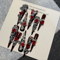 Faux ongles à porter faits main, style européen, rose gothique sombre, motif sang de sacrifice, épais, détachables, effet armure