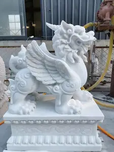 屋外動物石手彫り白い大理石ピシウ石像風水石彫刻