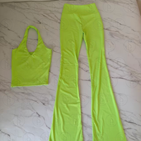 Ensemble Lounge 2 Pièces Femme Y2K Personnalisé avec Logo : Crop Top Halter et Pantalon Évasé Macaron Guépard Taille Haute Extensible