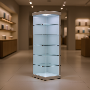 Vitrine trapézoïdale 93/44x43x200cm en verre trempé gris clair avec éclairage LED et porte à charnières verrouillable - Product Image 3