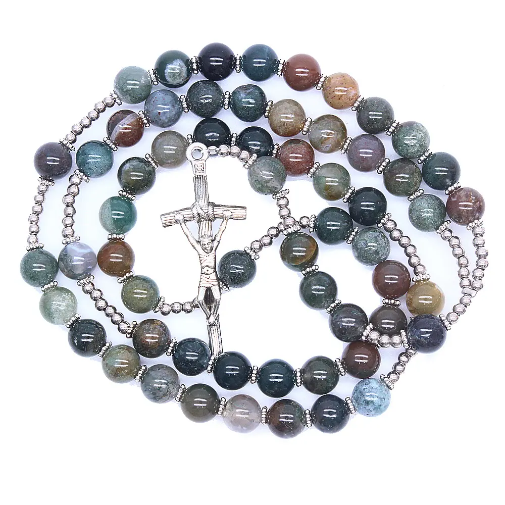 Hochwertige Christian India Achat Nature del stein Perlen Gebet Rosenkranz Halskette mit Kruzifix Anhänger