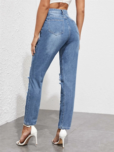 Jeans Mom Taille Haute Coupe Slim Effilochés Longs pour Femme 100% Coton Denim Vente en Gros - Product Image 5