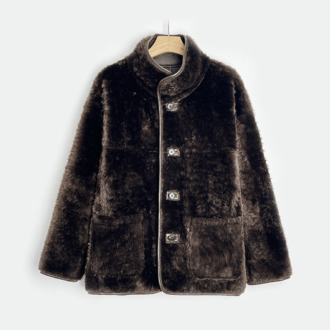 318 Fashion Women Clothing Genuine Leather Coat Reversible High Neck Single Breasted Lagon Sheepskin Fur Coat for Winter