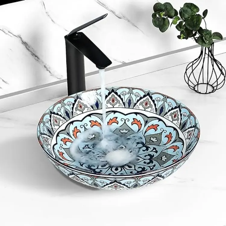 Wholesale Good Quality Hand Made Ceramic Round Shape Bathroom Sink Unique Wash Basin Counter Top Art Basin S-1039