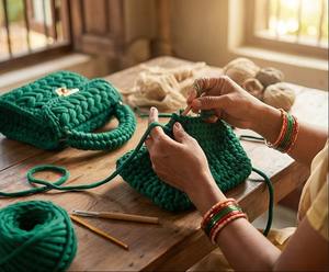 Bolso de Mano Verde Esmeralda Hecho a Mano, Bolso de Hombro Boho de Lujo Étnico y Elegante con Dos Correas de Perlas, Tejido de Cordón de Algodón, Súper Precio - Product Image 3