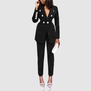 Trajes de Pantalón de Terciopelo Tejido Sólido de Doble Botonadura de Alta Calidad para Mujer con Botones en Oferta - Product Image 2