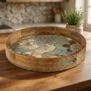 Plateau rond en bois avec motif d'oiseaux et de fleurs, plateau décoratif vintage fait à la main pour offrir en cadeau et servir des aliments - Product Image 2