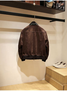 Высококачественная мужская зимняя куртка-бомбер из натуральной овечьей кожи и экологичного холста, повседневная, с воротником-стойкой - Product Image 5