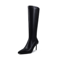 Bottes d'équitation d'hiver en cuir véritable à talon fin, à bout pointu et montantes jusqu'au genou