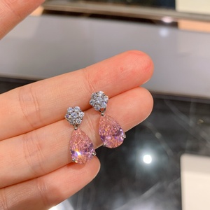 Dainty Eco-friendly Copper Water Drop Shape Pendant and <b>Earrings</b> <b>Set</b> 8*12MM Pink Cubic Zirconia Jewelry <b>Set</b> for Everyday Wear - Product Image 4