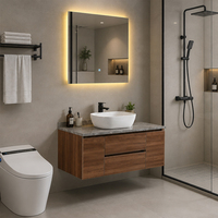 Meuble-lavabo flottant moderne et minimaliste en contreplaqué couleur noyer avec plan de travail en pierre et miroir LED rectangulaire