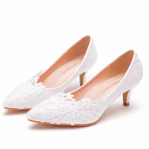 5cm Elegant and simple lace flowers white heel bridal Take wedding photos coming-of-age shoe wedding shoes