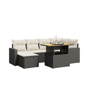 Conjunto de sofá de jardín color crema, blanco y negro con mesa, 6 plazas, muebles de ratán para exteriores, diseño contemporáneo - Product Image 1