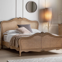 Lit double en bois de chêne massif, style français vintage, avec cadre en osier fait main, finition vieillie, vente en gros