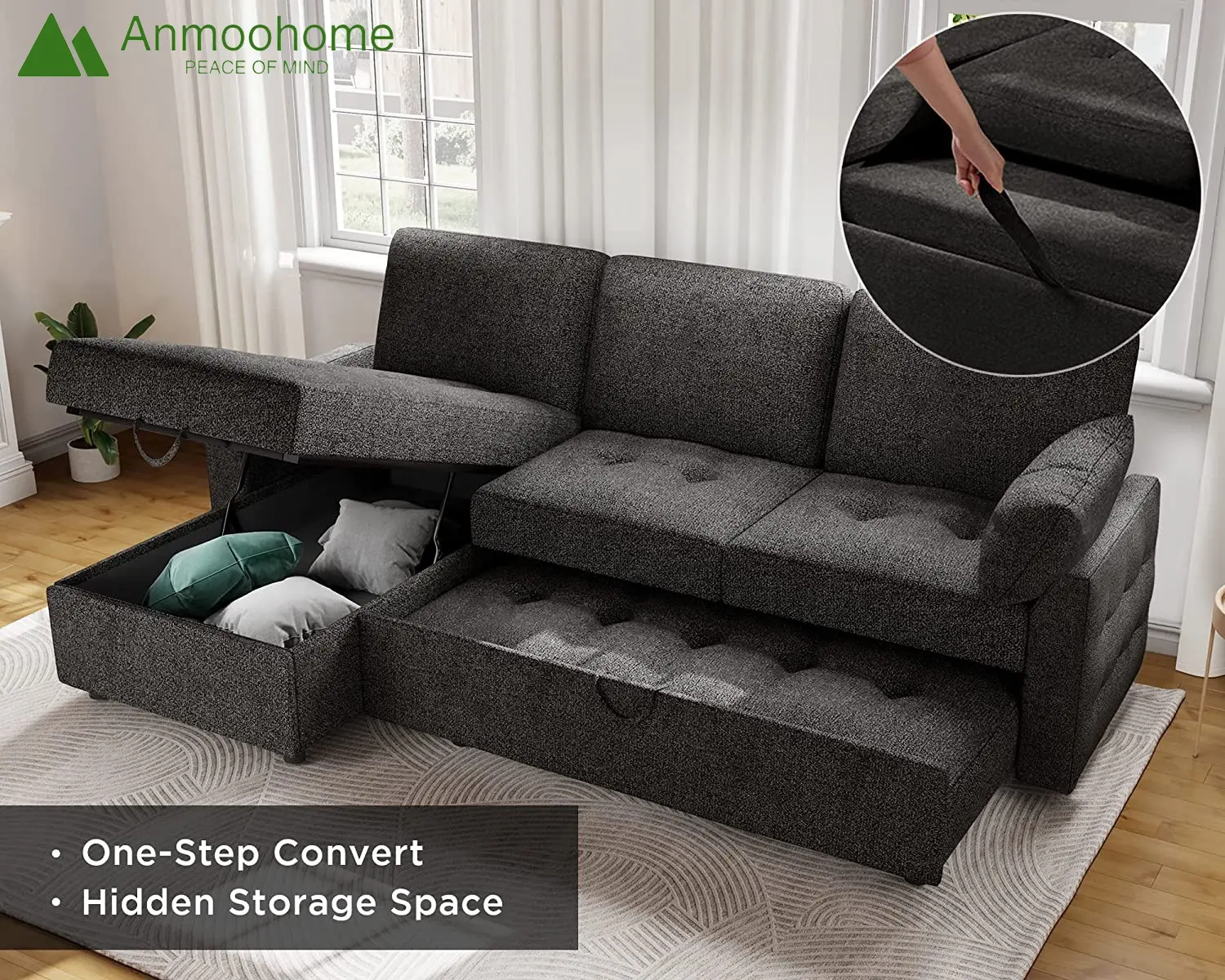 Estrarre il divano letto moderno divano letto convertibile in pile divano a forma di L con mobili europei reclinabili di stoccaggio